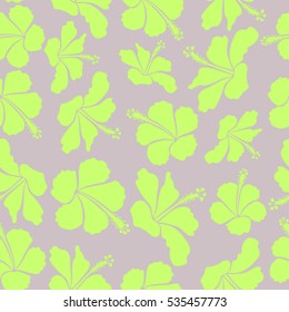 Bright hawaiian seamless pattern with neutral and green tropical hibiscus flowers.