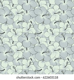Bright hawaiian seamless pattern with neutral and gray tropical hibiscus flowers.