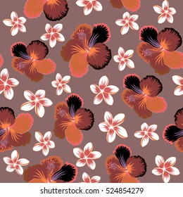Bright hawaiian seamless pattern with orange, pink and neutral tropical hibiscus flowers.