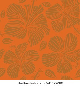 Bright hawaiian seamless pattern with orange and brown tropical hibiscus flowers.