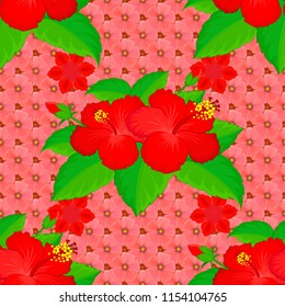 Bright hawaiian seamless pattern with pink, red and green tropical hibiscus flowers.