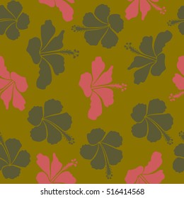 Bright hawaiian seamless pattern with pink, brown and green tropical hibiscus flowers.