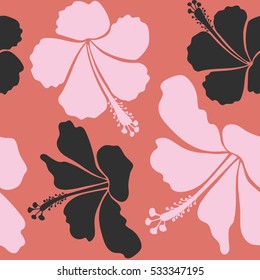 Bright hawaiian seamless pattern with pink, gray and neutral tropical hibiscus flowers.