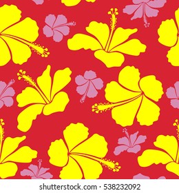 Bright hawaiian seamless pattern with pink, yellow and red tropical hibiscus flowers.