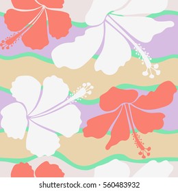 Bright hawaiian seamless pattern with pink and neutral tropical hibiscus flowers.