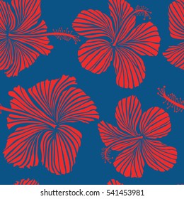 Bright hawaiian seamless pattern with red and blue tropical hibiscus flowers.