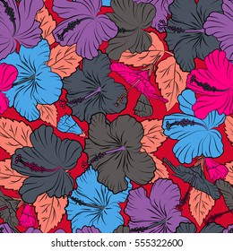 Bright hawaiian seamless pattern with red, purple and blue tropical hibiscus flowers.