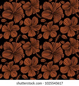 Bright hawaiian seamless pattern with tropical hibiscus flowers on black background in orange colors.