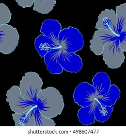 Bright hawaiian seamless pattern with tropical hibiscus flowers on black background in blue and gray colors.