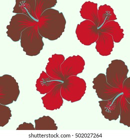 Bright hawaiian seamless pattern with tropical hibiscus flowers on white background.
