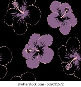 Bright hawaiian seamless pattern with tropical hibiscus flowers on black background in purple colors.