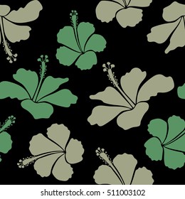 Bright hawaiian seamless pattern with tropical hibiscus flowers on black background in green colors.