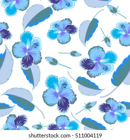 Bright hawaiian seamless pattern with tropical hibiscus flowers on white background in blue colors.