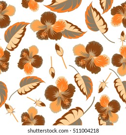 Bright hawaiian seamless pattern with tropical hibiscus flowers on white background in beige colors.