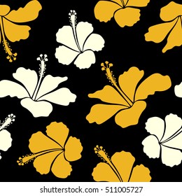 Bright hawaiian seamless pattern with tropical hibiscus flowers on black background in yellow colors.