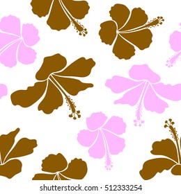 Bright hawaiian seamless pattern with tropical hibiscus flowers on white background in brown and pink colors.