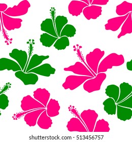 Bright hawaiian seamless pattern with tropical hibiscus flowers on white background in green and magenta colors.