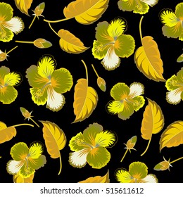 Bright hawaiian seamless pattern with tropical hibiscus flowers on black background in yellow colors.