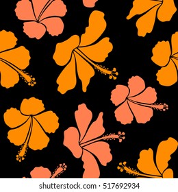 Bright hawaiian seamless pattern with tropical hibiscus flowers on black background in orange colors.