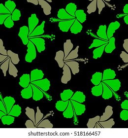 Bright hawaiian seamless pattern with tropical hibiscus flowers on black background in green and brown colors.