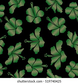 Bright hawaiian seamless pattern with tropical hibiscus flowers on black background in brown and green colors.