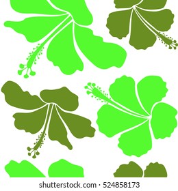 Bright hawaiian seamless pattern with tropical hibiscus flowers on white background in green colors.