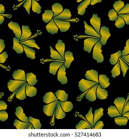 Bright hawaiian seamless pattern with tropical hibiscus flowers on black background in yellow and green colors.
