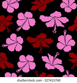 Bright hawaiian seamless pattern with tropical hibiscus flowers on black background in red and pink colors.