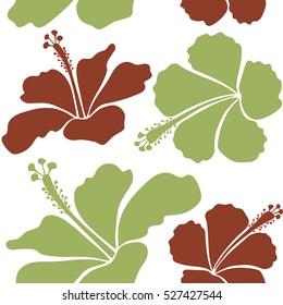 Bright hawaiian seamless pattern with tropical hibiscus flowers on white background in brown and green colors.