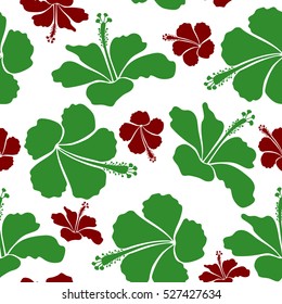 Bright hawaiian seamless pattern with tropical hibiscus flowers on white background in green and red colors.