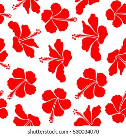 Bright hawaiian seamless pattern with tropical hibiscus flowers on white background in red colors.