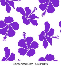Bright hawaiian seamless pattern with tropical hibiscus flowers on white background in violet colors.