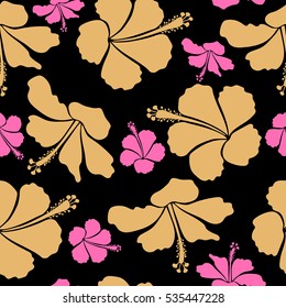 Bright hawaiian seamless pattern with tropical hibiscus flowers on black background in beige and pink colors.