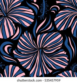 Bright hawaiian seamless pattern with tropical hibiscus flowers on black background in blue and neutral colors.