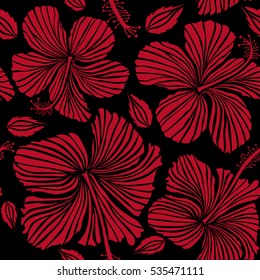 Bright hawaiian seamless pattern with tropical hibiscus flowers on black background in red colors.