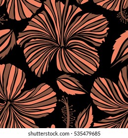 Bright hawaiian seamless pattern with tropical hibiscus flowers on black background in brown and orange colors.