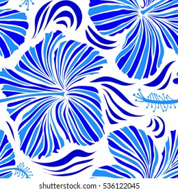 Bright hawaiian seamless pattern with tropical hibiscus flowers on white background in blue colors.