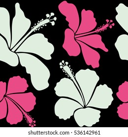 Bright hawaiian seamless pattern with tropical hibiscus flowers on black background in neutral and pink colors.