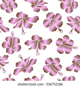 Bright hawaiian seamless pattern with tropical hibiscus flowers on white background in brown and neutral colors.