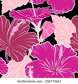 Bright hawaiian seamless pattern with tropical hibiscus flowers on black background in pink and magenta colors.