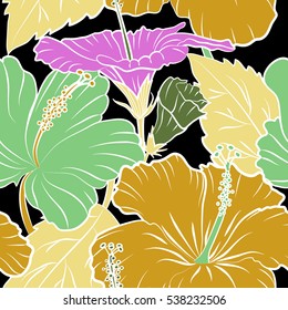 Bright hawaiian seamless pattern with tropical hibiscus flowers on black background in green, yellow and violet colors.
