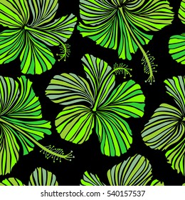 Bright hawaiian seamless pattern with tropical hibiscus flowers on black background in neutral and green colors.