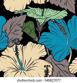 Bright hawaiian seamless pattern with tropical hibiscus flowers on black background in beige and green colors.