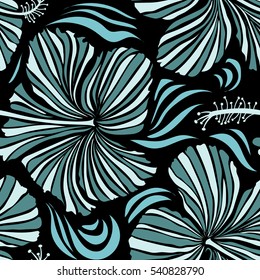 Bright hawaiian seamless pattern with tropical hibiscus flowers on black background in neutral and blue colors.