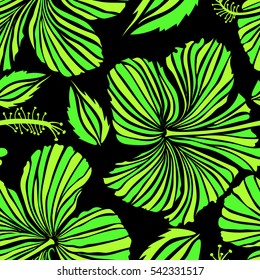 Bright hawaiian seamless pattern with tropical hibiscus flowers on black background in green colors.