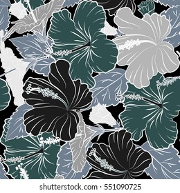 Bright hawaiian seamless pattern with tropical hibiscus flowers on black background in blue and gray colors.