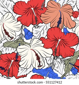 Bright hawaiian seamless pattern with tropical hibiscus flowers on white background in blue and pink colors.