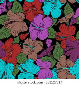 Bright hawaiian seamless pattern with tropical hibiscus flowers on black background in violet, red and purple colors.