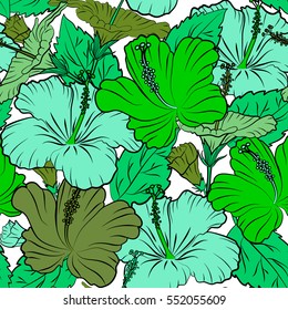 Bright hawaiian seamless pattern with tropical hibiscus flowers on white background in blue and green colors.