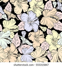 Bright hawaiian seamless pattern with tropical hibiscus flowers on black background in beige and gray colors.
